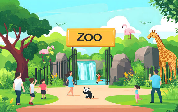 A cartoon zoo entrance with the words Zoo Animal and Adventure Concept