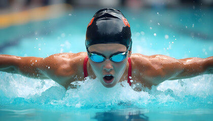 Butterfly swimming technique. Live portrait of young woman, swimmer in swimming cap and goggles practicing at public swimming-pool, outdoors. Sport, power, energy, style, hobby concept.