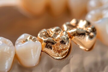 A close-up view of a tooth with gold teeth, suitable for dental or luxury-themed uses
