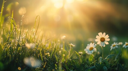 During a misty morning, sunlight peeks through foliage and blades of a meadow of blooming plants