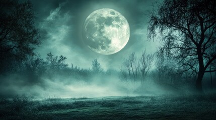 A large moon is shining in the sky over a forest