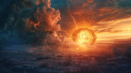 atomic bomb explosion in the distance, with a massive mushroom cloud forming