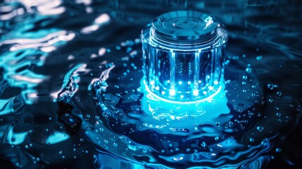 glowing nuclear reactor core submerged in water