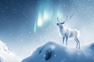 A 3D illustration of a white reindeer standing majestically on a snow-covered hill under the northern lights, with snowflakes gently falling in the serene winter landscape