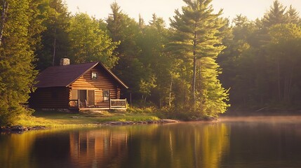 Fototapeta premium A wooden cabin sits by a lake in the forest at sunrise with mist rising from the water.