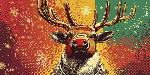 A pop art style illustration of a reindeer with a red nose, set against a vibrant background featuring snowflakes and dynamic color patterns, giving it a festive and modern look