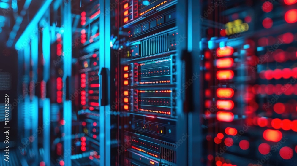 Poster row of servers in a modern data center, suitable for it or technology related concepts