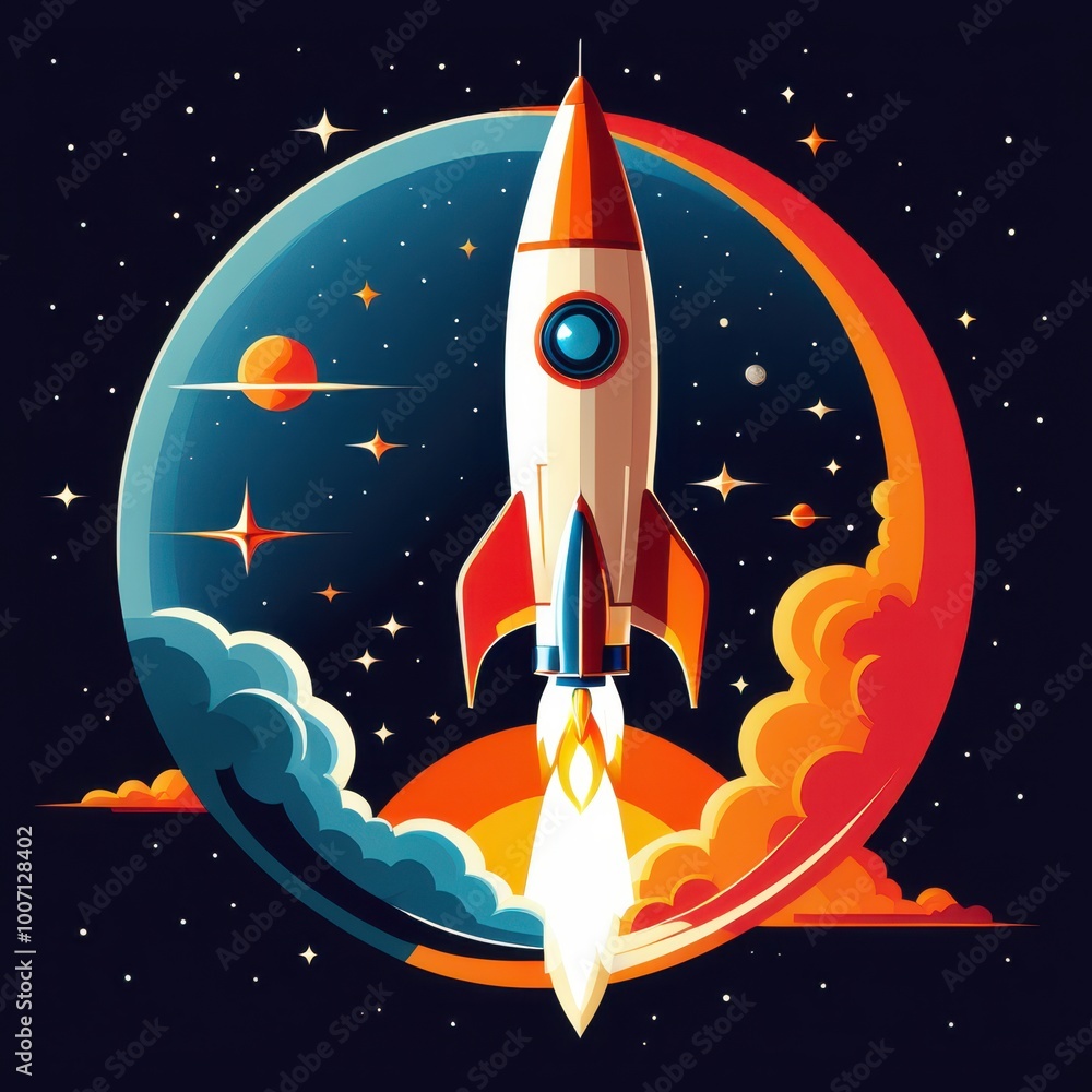 Poster a retro-style rocket launching into space, surrounded by planets and colorful clouds.