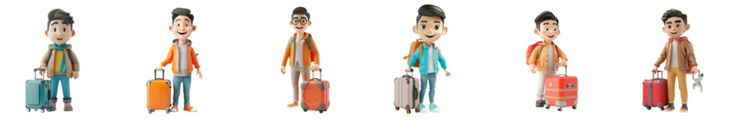  Asian man mascot with travel suitcase, 3D cartoon illustration, isolated on transparent background, cute animated style, beautiful colors, generative ai