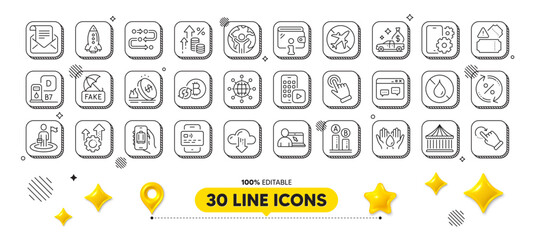 Online education, Rocket and Airplane mode line icons pack. 3d design elements. Methodology, Cloud download, Inflation web icon. Gas price, Seo gear, International globe pictogram. Vector