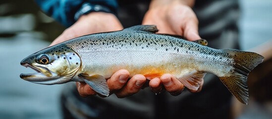 Obraz premium A fisherman holds a fresh caught salmon fish in his hands.