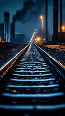 Fototapeta premium Railroad Tracks at Night Leading into Industrial Zone
