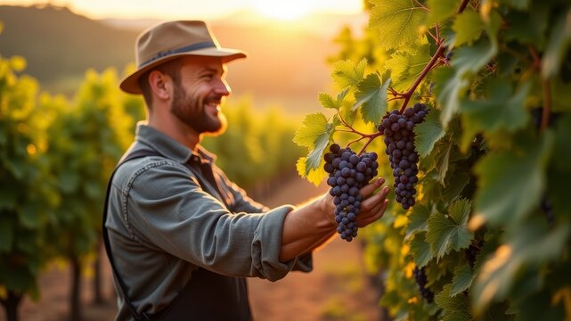 Cheerful farmer carefully harvesting purple grapes in lush green vineyard - Powered by Adobe