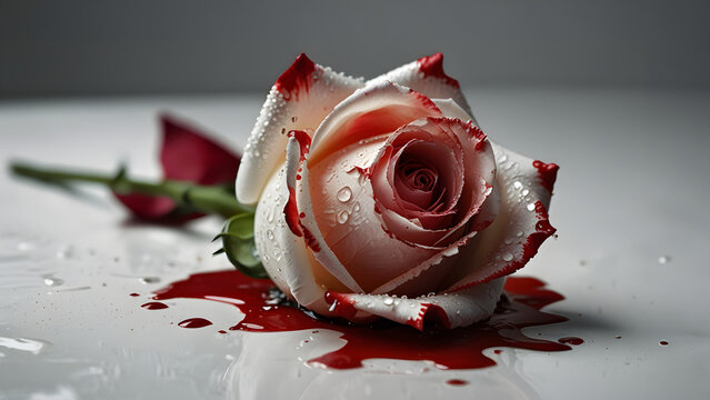 a white rose bleeding on a white table, space for copy