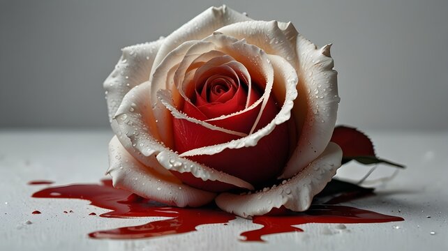 a white rose bleeding on a white table