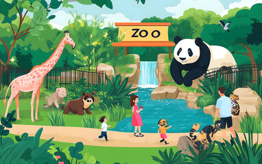 A cartoon zoo entrance with the words Zoo Animal and Adventure Concept