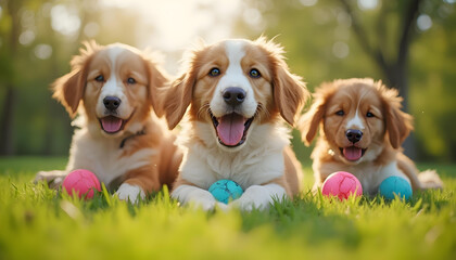 Image of happy friends on the grass with balls looking at camera