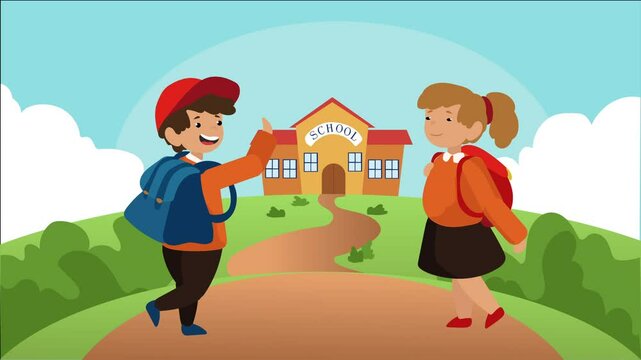 Students Embark on a Colorful Journey to School. Two school kids with their backpacks walking toward school. Back to School concept. 2d Animated illustration. 4k in cartoon.