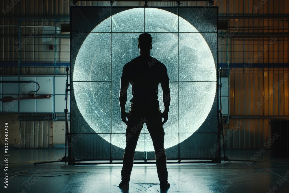 Poster a person stands in front of a large window with a view