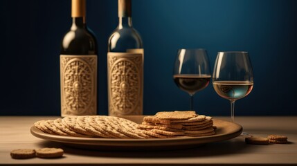 Naklejka premium Wine, Crackers and Two Glasses on Wooden Table