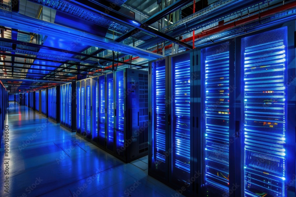 Poster rows of servers in a data center facility with computer equipment and infrastructure