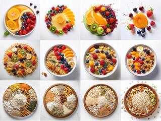 Round fruit mix and cereal mix on white background, isolated