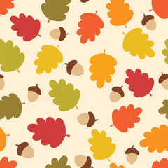 Autumn seamless pattern. Colorful background with fall leaves and acorns. Vector illustration. It can be used for wallpapers, wrapping, cards, patterns for clothes and other.