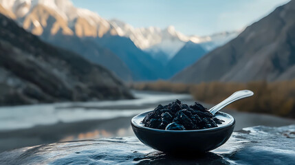 Essence of Nature: Shilajit in the Morning Light with Hunza's Mountainous Horizon
