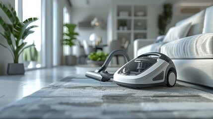 Fototapeta premium A sleek modern vacuum cleaner in a tidy light gray room, prepared for immediate use. The appliance exudes professionalism and efficiency for cleaning tasks in any environment