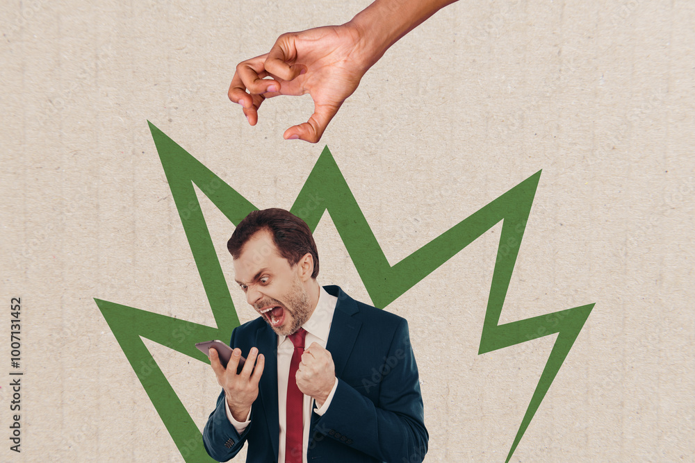 Poster composite artwork collage image picture of arrm elegant man scream smart phone isolated on creative 