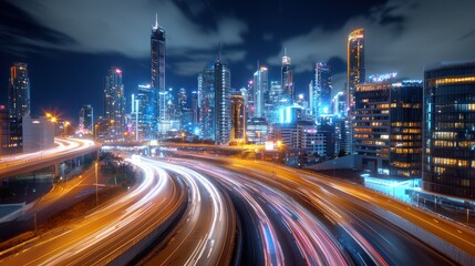 Obraz premium Beautiful city skyline at night with bright city lights, showcasing a vibrant metropolis and busy streets below