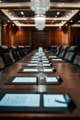 A traditional conference room with a long table and chairs, suitable for business meetings and presentations