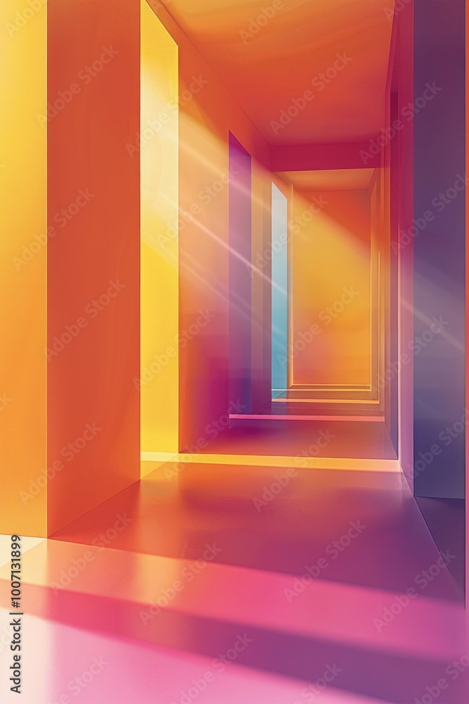 Poster a well-lit hallway with a warm glow from an unknown source