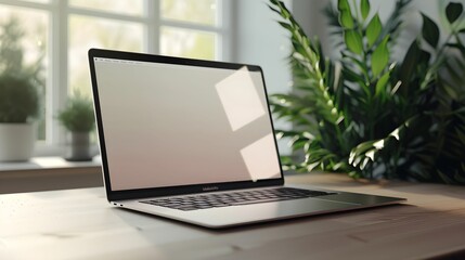 Fototapeta premium A modern laptop rests on a wooden table near potted plants in a bright, airy room