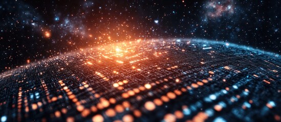 Obraz premium Abstract digital grid with glowing lights and stars in the background.