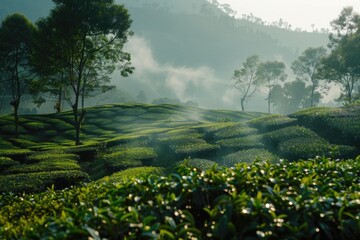 A field of green tea bushes with trees in the background, perfect for use in nature or agriculture themed projects