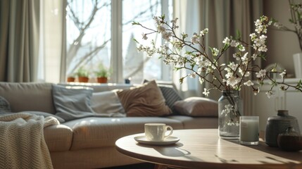 A vase filled with flowers sits on a wooden coffee table