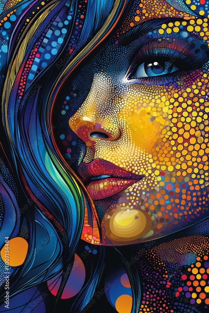 Poster A woman's face is painted with a blue and yellow background and surrounded by dots, giving it an abstract look.