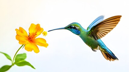 Sword-billed Hummingbird Flying and Sucking Nectar from Flower, on White Background, Photo Realistic, Wallpaper, Cover and Screen for Smartphone, PC, Laptop, 9:16 and 16:9 Format