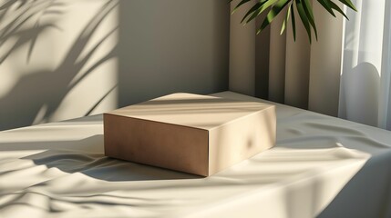 A light and shadow interplay on a simple brown package placed on a soft white tablecloth indoors