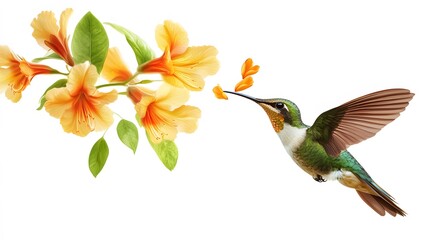 Obraz premium Sword-billed Hummingbird Flying and Sucking Nectar from Flower, on White Background, Photo Realistic, Wallpaper, Cover and Screen for Smartphone, PC, Laptop, 9:16 and 16:9 Format