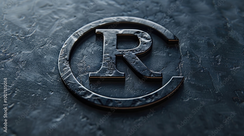 Poster close-up shot of a metal object featuring a circular symbol with the letter r inside