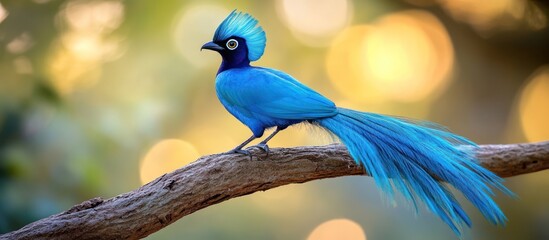 Obraz premium A vibrant blue bird with a long tail and a crested head perches on a branch.