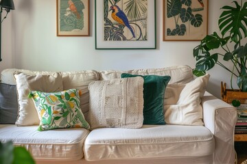 A comfortable living room scene with a white couch, decorative pictures on the walls