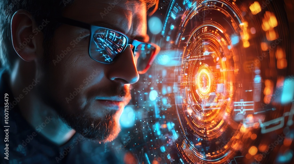Poster focused man with glasses analyzing digital data and futuristic interfaces.
