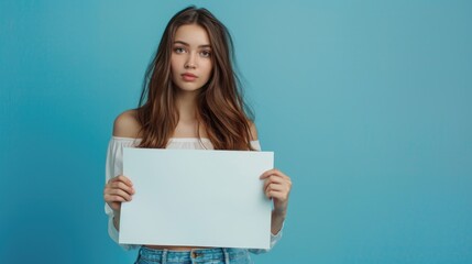 Naklejka premium A woman holds up a blank sign in front of her face, conveying secrecy or mystery