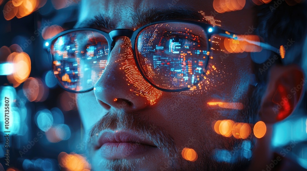 Aufkleber man with glasses reflecting digital data and technology elements.