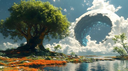 Fototapeta premium A vibrant, surreal landscape featuring a large, ancient tree beside a calm water body, with an enormous, otherworldly ring structure floating in the sky amidst fluffy clouds.