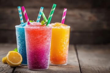 A row of colorful drinks with straws in them are on a wooden table, generative ai image