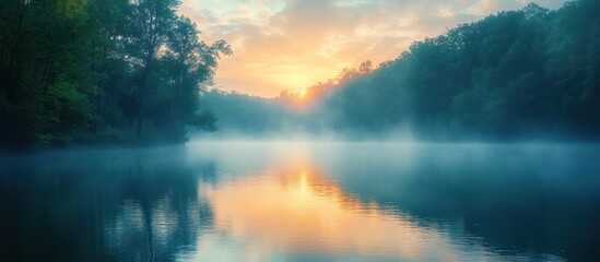 Misty morning sunrise over calm lake with trees.